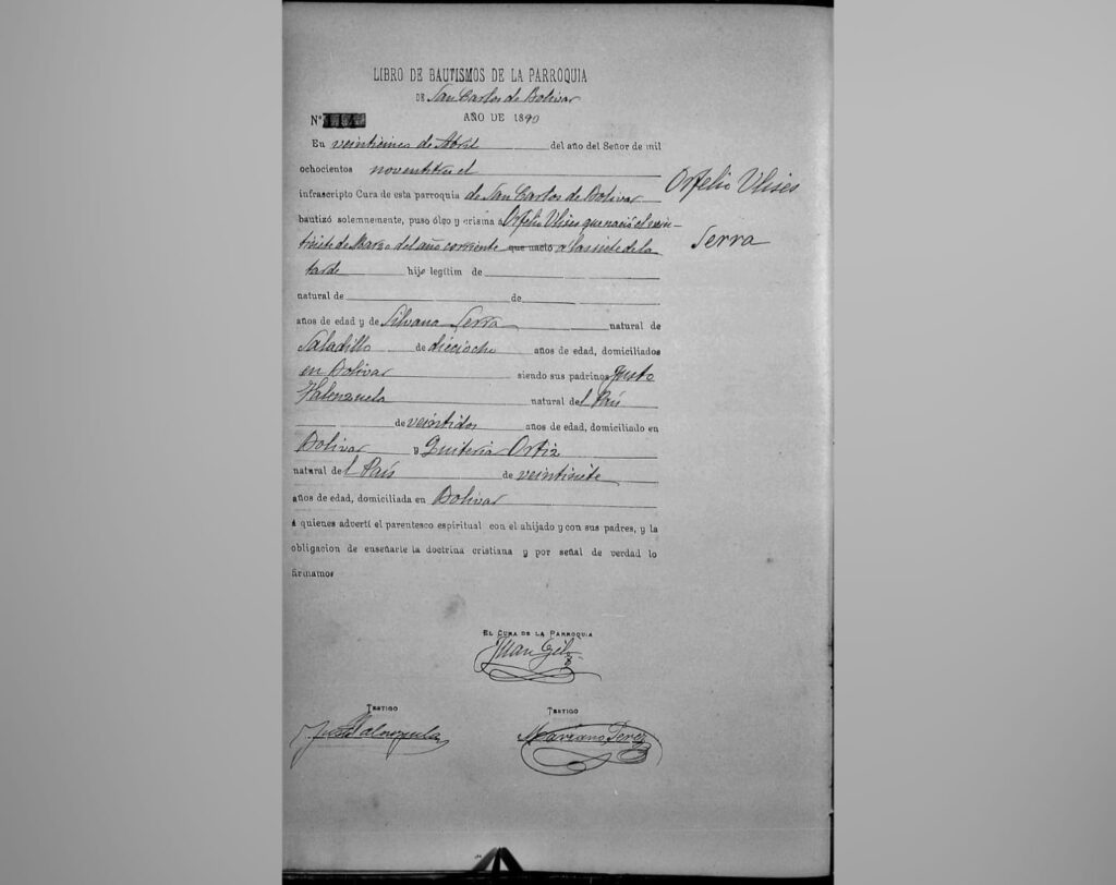 El certificado de bautismo de Orfelio Ulises, que se realizó con el apellido Serra de su madre.