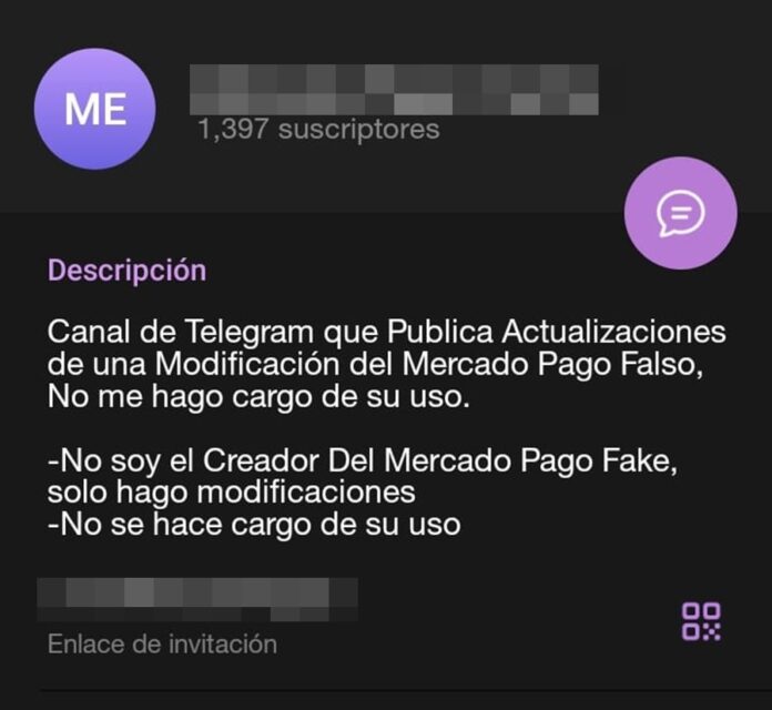 Uno de los canales de Telegram que ofrecen el Mercado Pago trucho a sus suscriptores por una módica suma.