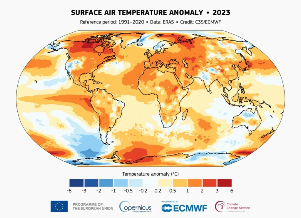 Anomalía de la temperatura del aire en superficie para 2023 en relación con el promedio del período de referencia 1991-2020. Fuente de datos: ERA5. Crédito: C3S/ECMWF.
